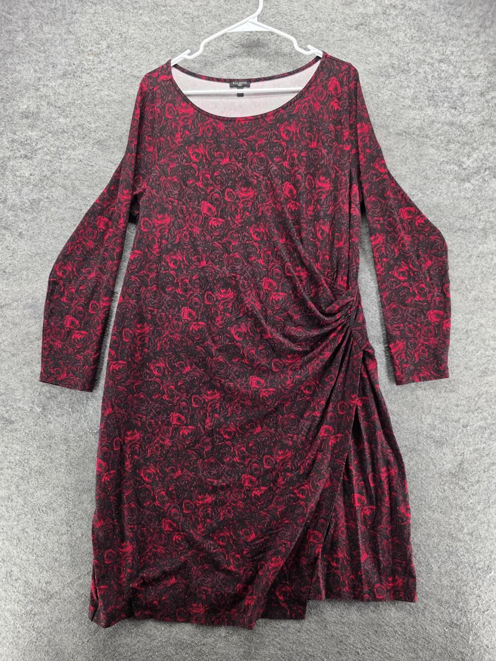 Talbots Dress Womens 1X Red Floral Sheath Midi Jersey Scoop Neck Ruched